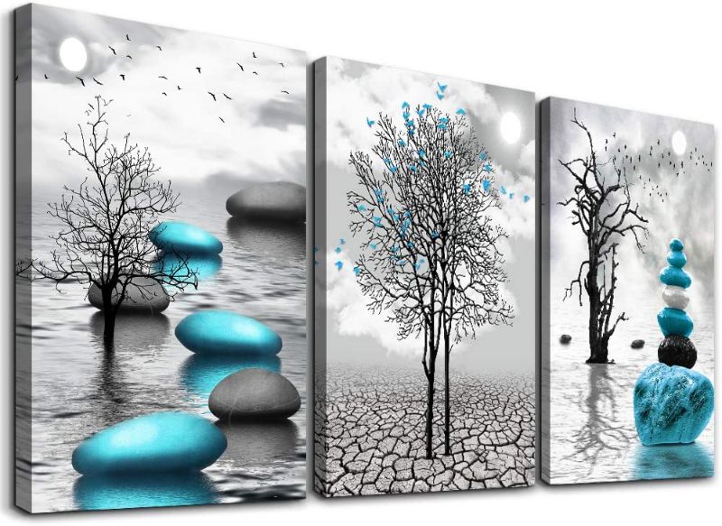 Photo 1 of Canvas Wall Art for Living Room Wall Decor for Bedroom Bathroom Black and White Paintings Modern 3 Piece Framed Canvas Art Prints Ready to Hang Inspirational Abstract Blue Pictures Home Decorations