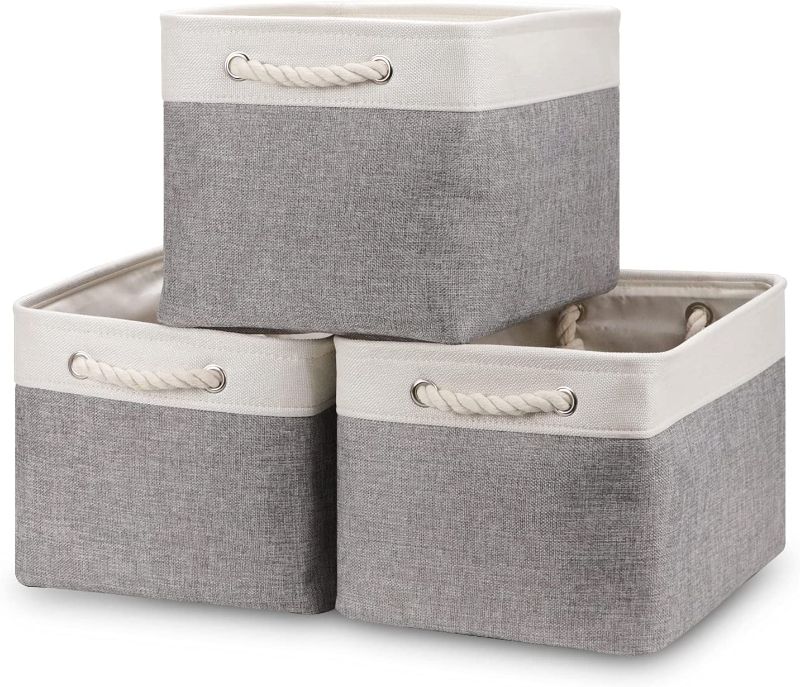 Photo 1 of Bidtakay Baskets Set of 3 Storage Baskets for Organizing Large Fabric Storage Bins for Shelves Decorative Canvas Bins Collapsible Empty Baskets for Closet,Nursery,Clothes,Toys,Shoes, 15 x 11 x 9.5 inches (White&Grey)