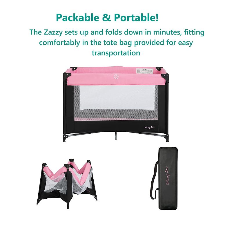 Photo 1 of Dream On Me Zazzy Portable Playard with Bassinet in Pink, Packable and Easy Setup Baby Playard, Lightweight and Portable Playard for Baby with Mattress and Travel Bag
