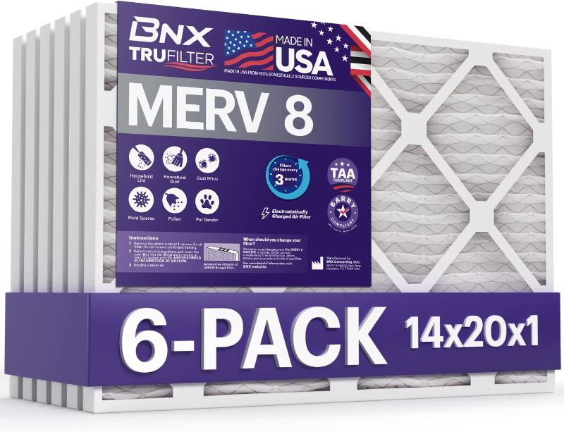 Photo 1 of BNX TruFilter 14x20x1 Air Filter MERV 8 (6-Pack+1 Additional) - MADE IN USA – Dust & Pet Defense Electrostatic Pleated Air Conditioner HVAC AC Furnace Filters for Dust, Pet, Mold, Pollen MPR 600 – 700 & FPR 5