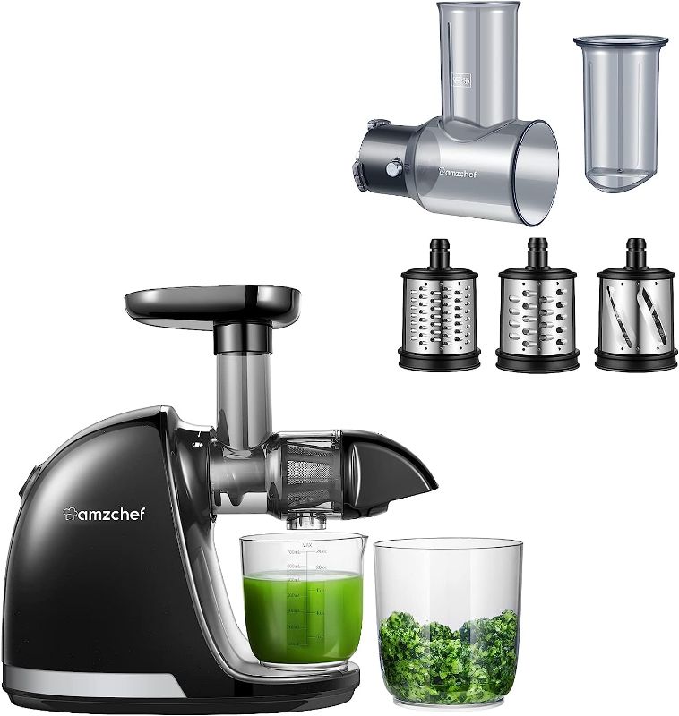 Photo 1 of AMZCHEF Slow Masticating Juicer Bundled with Slicer Shredder Attachments, Cold Press Juicer With Silent Motor and Reverse Function,3 Interchangeable blades for Juicing and Shredding Cheese