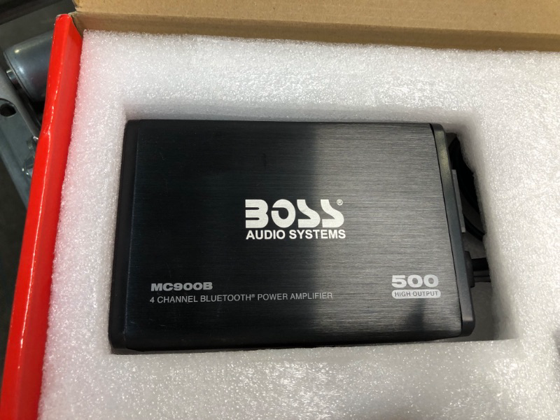 Photo 1 of 
BOSS Audio Systems MC900B Amplifier for ATV UTV Car Marine - 500 High Output, 4 Channel, 2/4 Ohm, Bluetooth Multi-Function Remote, RCA Out, Weatherproof, Use Amp with Stereo and Subwoofer, Crossover