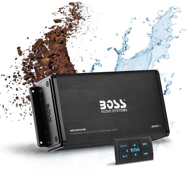 Photo 1 of 
BOSS Audio Systems MC900B Amplifier for ATV UTV Car Marine - 500 High Output, 4 Channel, 2/4 Ohm, Bluetooth Multi-Function Remote, RCA Out, Weatherproof, Use Amp with Stereo and Subwoofer, Crossover