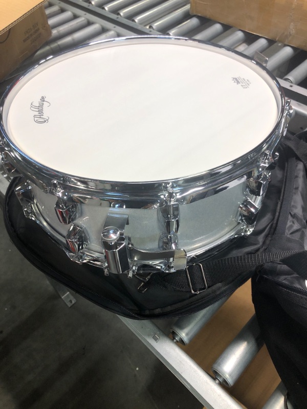 Photo 3 of Ashthorpe Snare Drum Set with Remo Head (Silver) - Student Beginner Kit with Stand, Padded Gig Bag, Practice Pad, Neck Strap, and Sticks