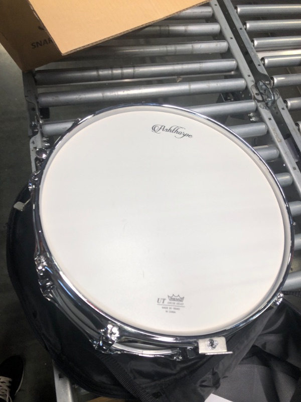 Photo 2 of Ashthorpe Snare Drum Set with Remo Head (Silver) - Student Beginner Kit with Stand, Padded Gig Bag, Practice Pad, Neck Strap, and Sticks