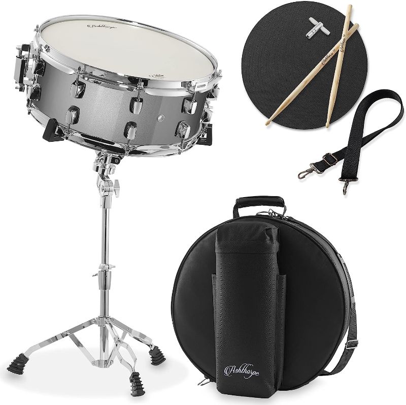 Photo 1 of Ashthorpe Snare Drum Set with Remo Head (Silver) - Student Beginner Kit with Stand, Padded Gig Bag, Practice Pad, Neck Strap, and Sticks