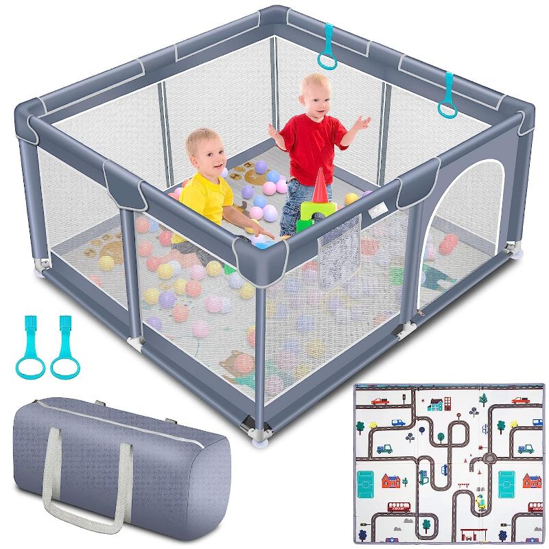 Photo 1 of  Baby Playpen, Play Pen with Mat for Toddlers, Portable Large Baby Fence Area with Anti-Slip Base, Baby Play Yard with Gate, Baby Fence (Gray)