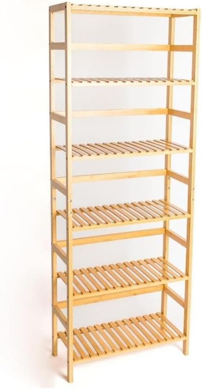 Photo 1 of 6 Tier Bamboo Adjustable Bookcase Bookshelf Organizer- Free Shelving Bookshelf Ladder Unit For Living Room, Kitchen, Bedroom, Bathroom
