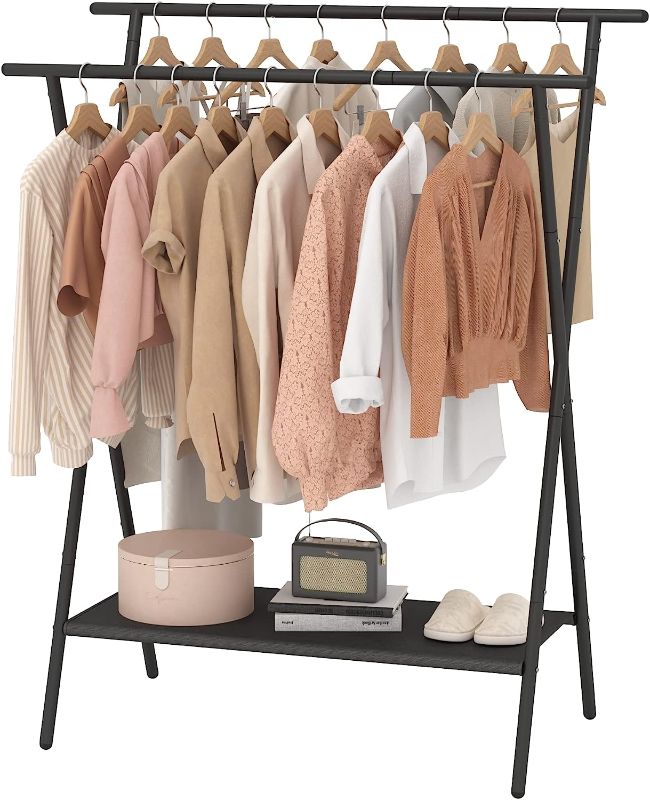 Photo 1 of  Double Rods Clothing Racks for Hanging Clothes,Portable Clothing Hanging Garment Rack with Bottom Oxford Cloth Shelves,Black