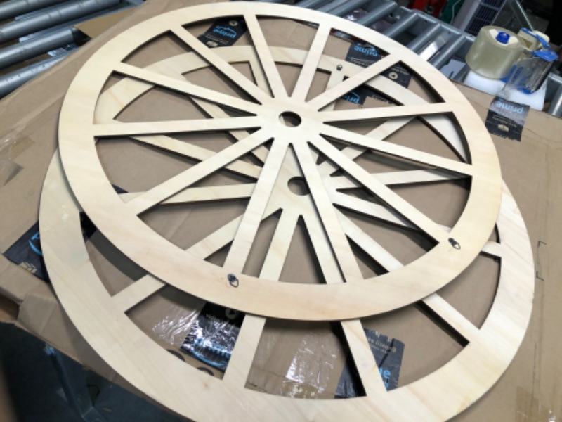 Photo 5 of 30-Inch Set of Two Decorative Wooden Wheel, Decorative Wall Old Western Style Wooden Garden Wagon Wheel with Steel Rim, Fir Treated by Carbonization, Suitable for Bar, Studio and Home (30'')
