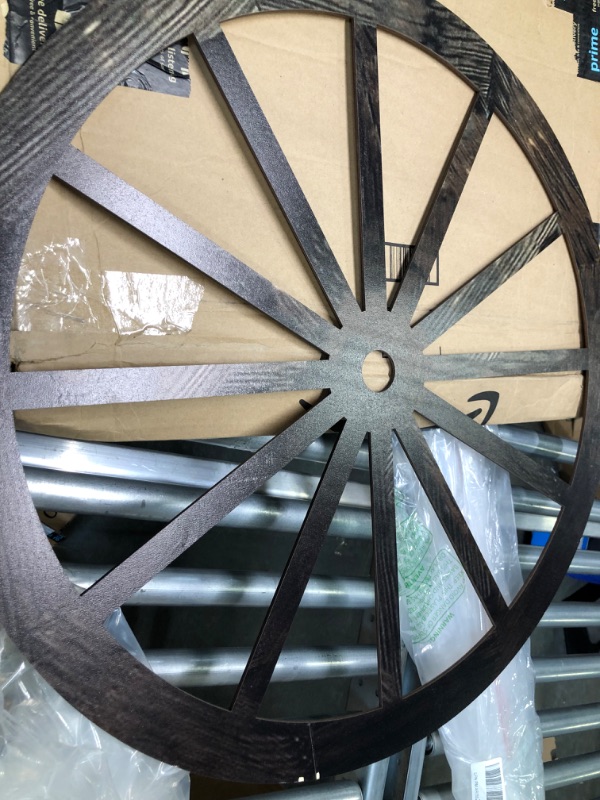 Photo 2 of 30-Inch Set of Two Decorative Wooden Wheel, Decorative Wall Old Western Style Wooden Garden Wagon Wheel with Steel Rim, Fir Treated by Carbonization, Suitable for Bar, Studio and Home (30'')
