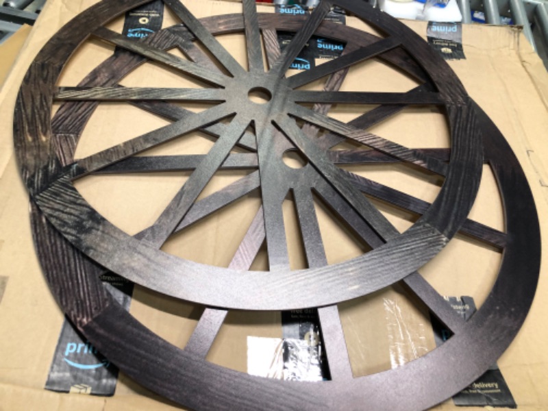 Photo 3 of 30-Inch Set of Two Decorative Wooden Wheel, Decorative Wall Old Western Style Wooden Garden Wagon Wheel with Steel Rim, Fir Treated by Carbonization, Suitable for Bar, Studio and Home (30'')
