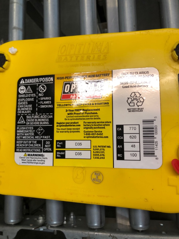 Photo 5 of Optima Batteries OPT8040-218 D35 YellowTop Dual Purpose Battery & Batteries 8020-164 35 RedTop Starting Battery Battery + Battery Standard Packaging