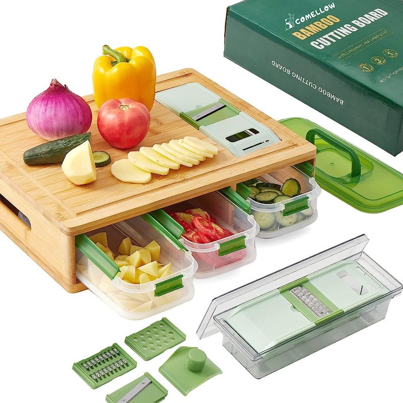 Photo 1 of amboo Cutting Board with Containers, Lids, and Graters, Large Wood Chopping Board with Containers, Food Dropping Zone, Carving Board with Easy-grip Handle, Juice Groove