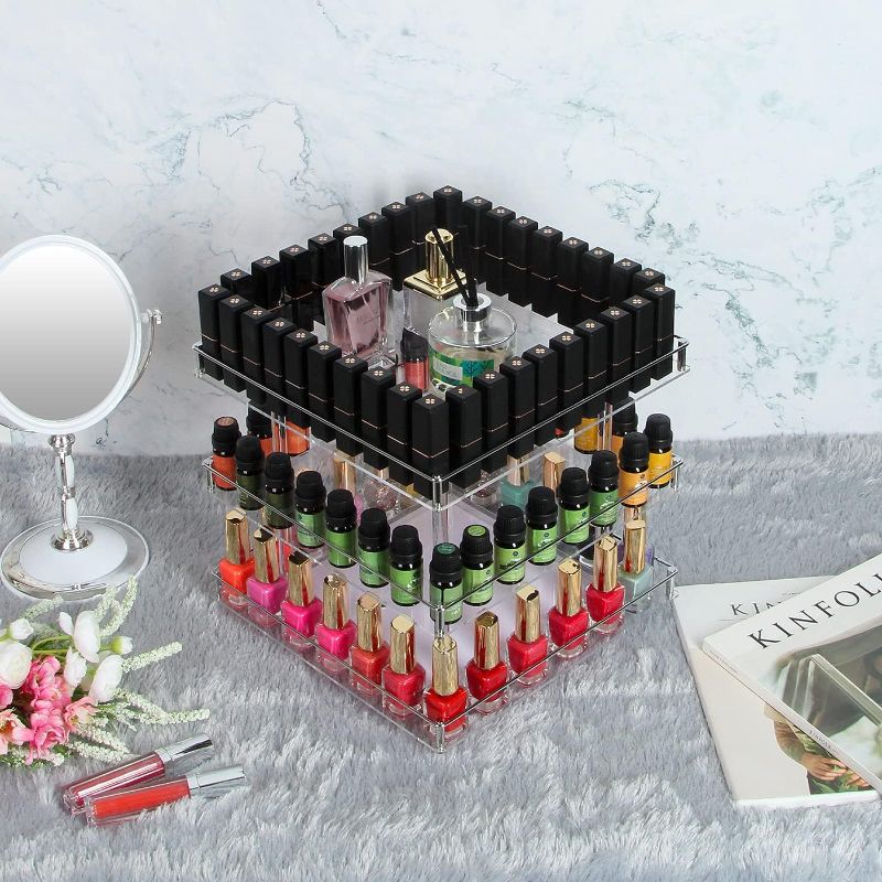 Photo 1 of  JACKCUBE DESIGN 3 Tier Acrylic Nail Polish 360 Rotating Display Rack Organizer Stand Makeup Cosmetics Storage Box Carousel Shelf with Silver Iron Guard