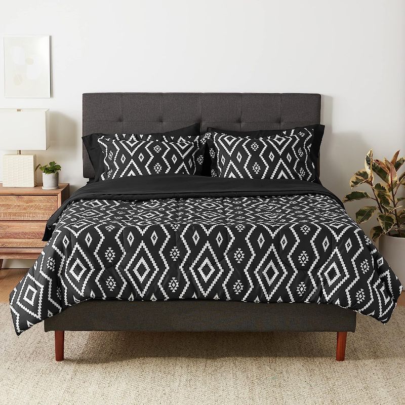 Photo 1 of Amazon Basics Lightweight Microfiber Bed-In-A-Bag Comforter Bedding Set, Full/Queen, Black Aztec, Printed