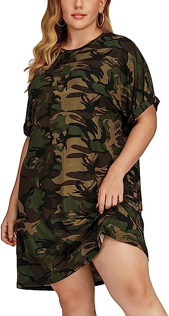 Photo 1 of HEARTISIAN Women Plus Size Camo Tunic Dress Short Sleeves Camouflage Casual Relaxed T Shirt Dresses