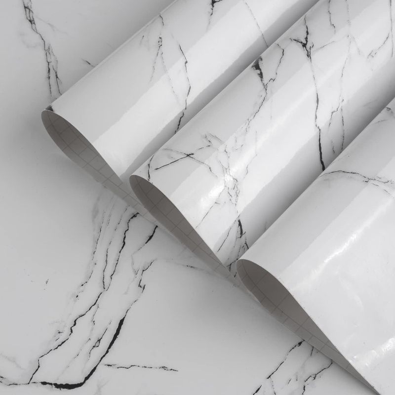 Photo 1 of White Granite Wallpaper Peel Stick Glossy Thick Marble Contact Paper for Countertop 16x354 inch Waterproof Oil Proof Self Adhesive Furniture Stickers Kitchen Counter Shelf Liner Wall Vinyl Decorative