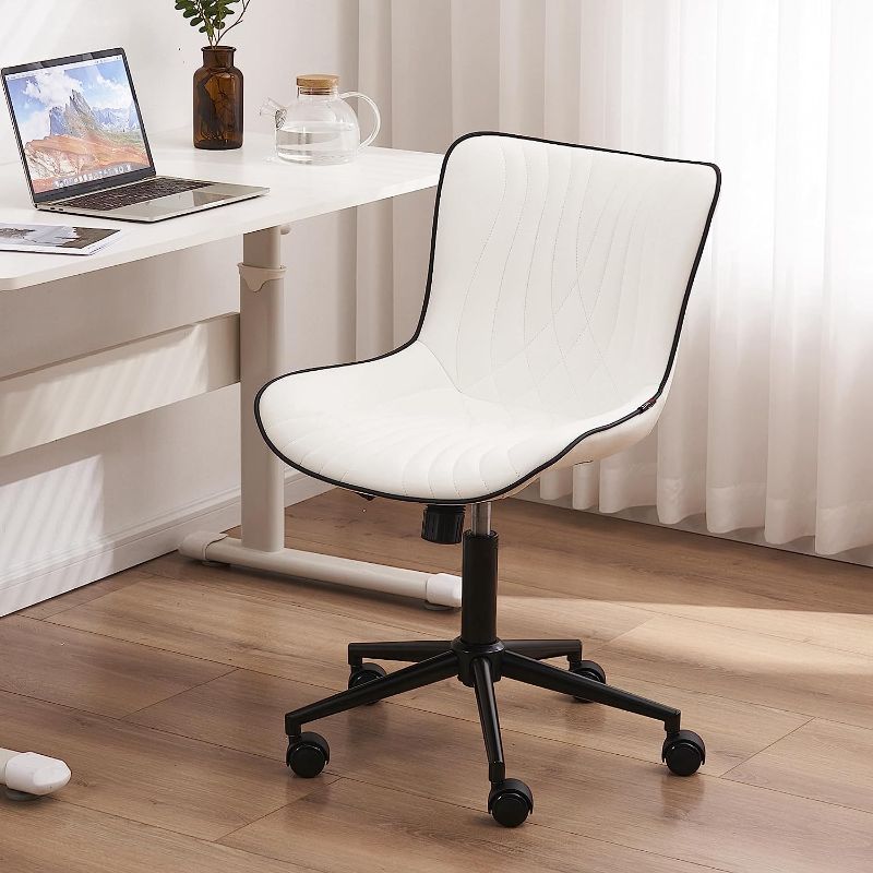 Photo 1 of YOUTASTE Office Chair Modern Armless Desk Chair, Height Adjustable Swivel Rocking Computer Task Chair, Faux Leather Sewing Chairs with Wheels, Stylish Lounge Vanity Chair,White