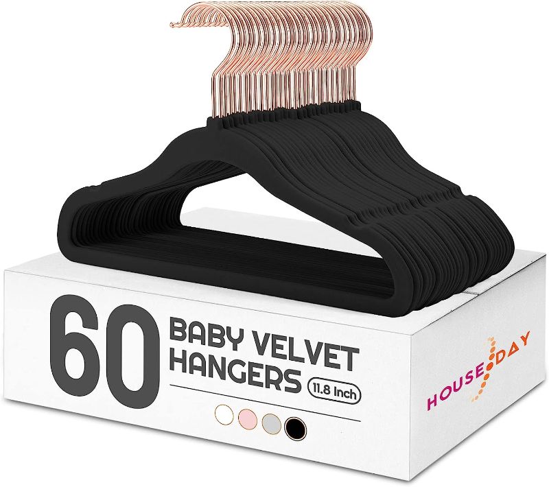 Photo 1 of HOUSE DAY Velvet Baby Hangers for Closet, Kids Hangers Velvet 60 Pack, Non Slip Toddler Hangers 11.8 Inch, Cute Baby Clothes Hangers, Durable Childrens Hangers Newborn Hangers for Baby Clothes- Black