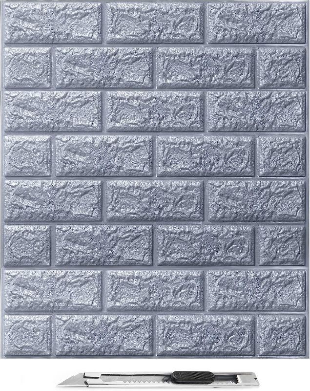 Photo 1 of Art3d 11 Pcs 3D Brick Wallpaper in Grey, Faux Foam Brick Wall Panels Peel and Stick, Waterproof for Bedroom, Living Room, and Laundry Decor (28.9Sq.Ft)