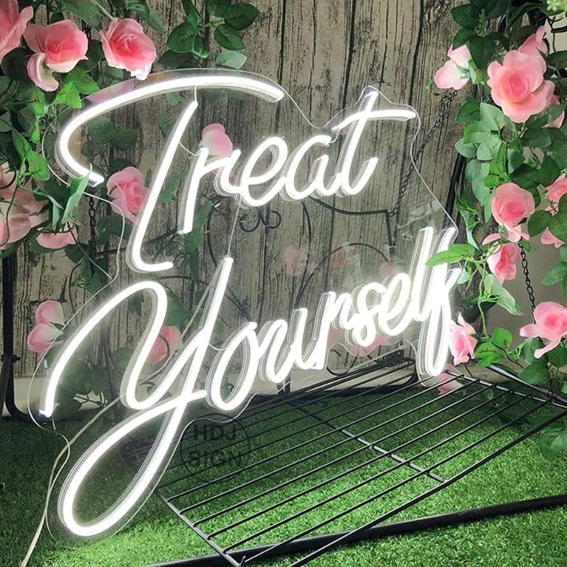 Photo 1 of Neon Sign Treat Yourself Led Custom Neon Light Signs Bedroom for Wall Neon Art Decor Lights for Any Age Children's Room Bar Party Christmas LED Sign Wedding Decoration,Size 21.65x 15.7in