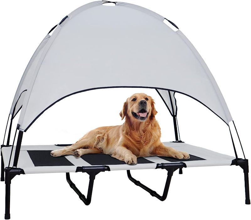 Photo 1 of 17PinHut Elevated Dog Bed with Canopy for Small Dogs, 30 Inches Raised Dog Cots Indoor Outdoor Pet Bed Portable Frame Dog Cooling Bed with Breathable Mesh, Skid-Resistant Feet