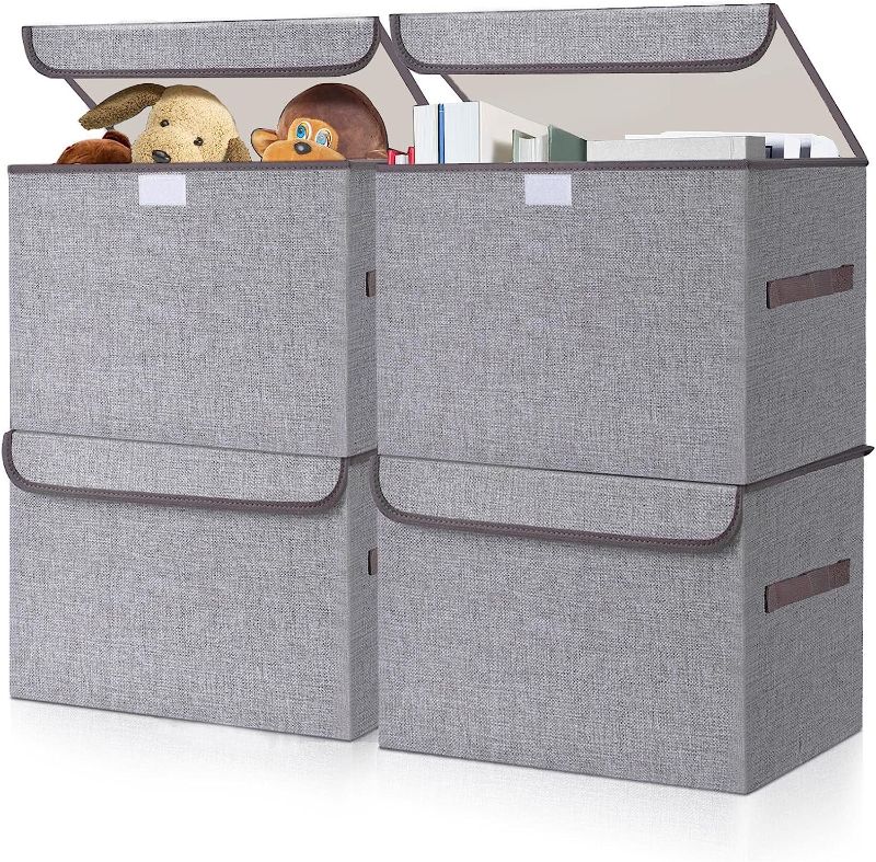 Photo 1 of Bagnizer Large 22 Quart Linen Fabric Foldable Storage Cube Bin Organizer Basket with Flip-Top Lid & Handles, Large Toy Clothes Blanket Box for Nursery, Playroom, Home, Office, Closet, Gray, 4 Pack 14.6 x 9.5 x 9.5”