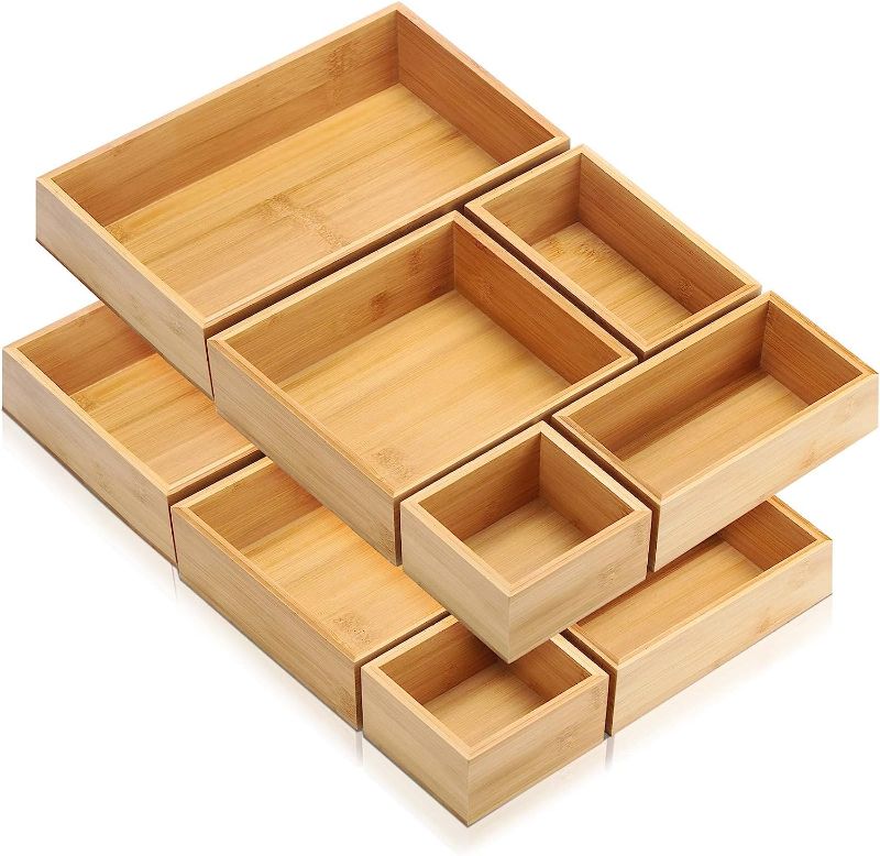 Photo 1 of 10 Pieces Bamboo Drawer Organizer Set, Multipurpose Storage Box Set, Various Sizes Drawer Organizers, Multipurpose Drawer Organizer for Office, Bedroom, Home, Bathroom Desk, Kitchen Cosmetic, Jewelry