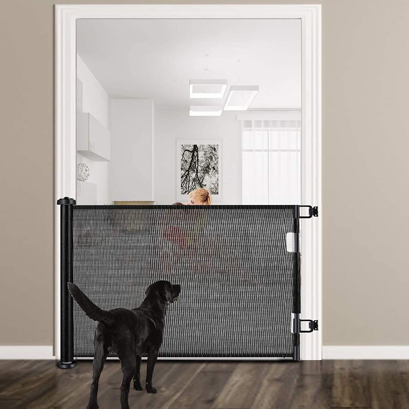 Photo 1 of Retractable Baby Gate Dog Gate - Wiscky Extra Wide Safety Gates 33" Tall, Extends to 59" Wide, Easy to Roll and Latch Dogs Gate for Doorways, Stairs, Hallways, Deck, Banisters Indoor/Outdoor (Black)
