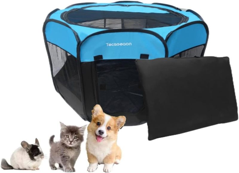 Photo 1 of Tecageaon Portable Foldable Pet Playpen Exercise Pen Kennel Tent Carrying Case Indoor Outdoor Water-Resistant Removable Shade Cover for Puppies Kittens Cats Small Dogs (Blue)