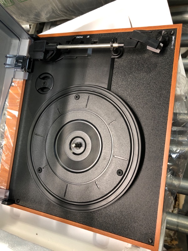 Photo 1 of LP&No.1 Bluetooth Vinyl Record Player with External Speakers, 3-Speed Belt-Drive Turntable for Vinyl Albums with Auto Off and Bluetooth Input, Yellow Wood