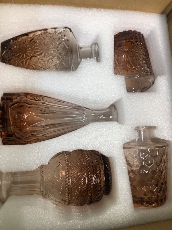 Photo 1 of Amber Glass Bud Vase Set of 10 - Mini Vintage Vases for Wedding Decorations, Home Table Flower Décor, Small Carved Vases for Centerpieces, Entryways…
