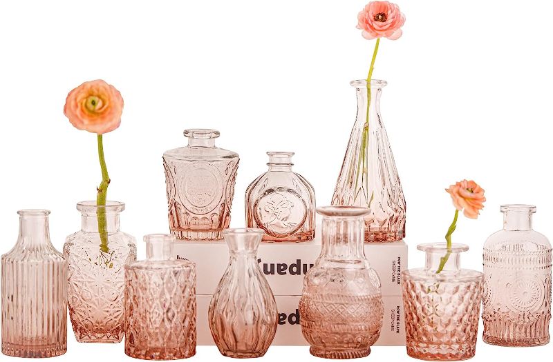 Photo 1 of Amber Glass Bud Vase Set of 10 - Mini Vintage Vases for Wedding Decorations, Home Table Flower Décor, Small Carved Vases for Centerpieces, Entryways…
