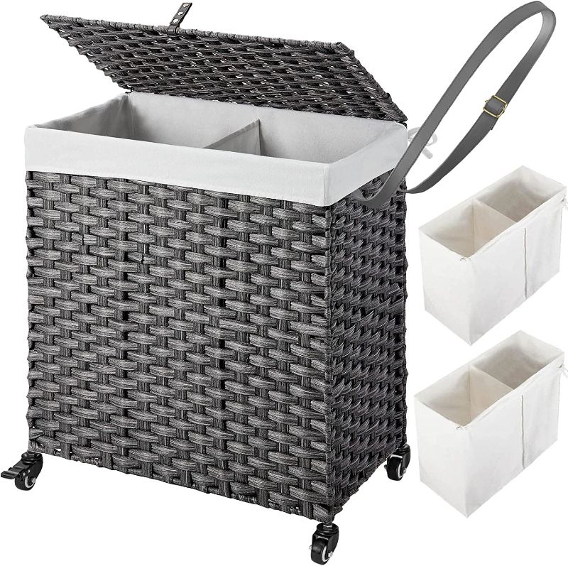 Photo 1 of  Laundry Hamper with Wheels, No Install Needed, 110L Divided Handwoven Hampers & 2 Removable Liner Bags, Synthetic Rattan Clothes Laundry...
