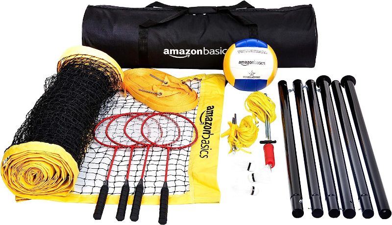 Photo 1 of Amazon Basics Outdoor Volleyball and Badminton Combo Set with Net