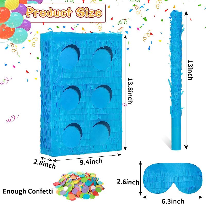 Photo 1 of Building Blocks Pinata Bundle Fiesta Pinata Set Include Bricks Pinata, Bat Stick, Blindfold Mask and Confetti for Kids Blocks Theme Birthday Mexican Cinco De Mayo Party Pinata Game Supplies (Blue)
