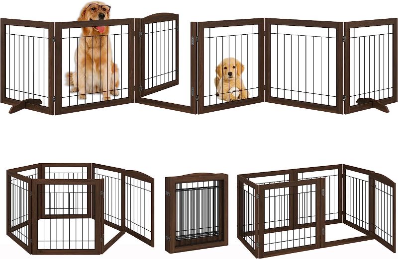 Photo 1 of  Folding Pet Gate 144" Wide, 30" Tall No-Assembly Wooden Dog Gate with Door Walk Through, Freestanding Wire Pet Gate, Pet Puppy Safety Fence, with 2PCS Support – Vintage
