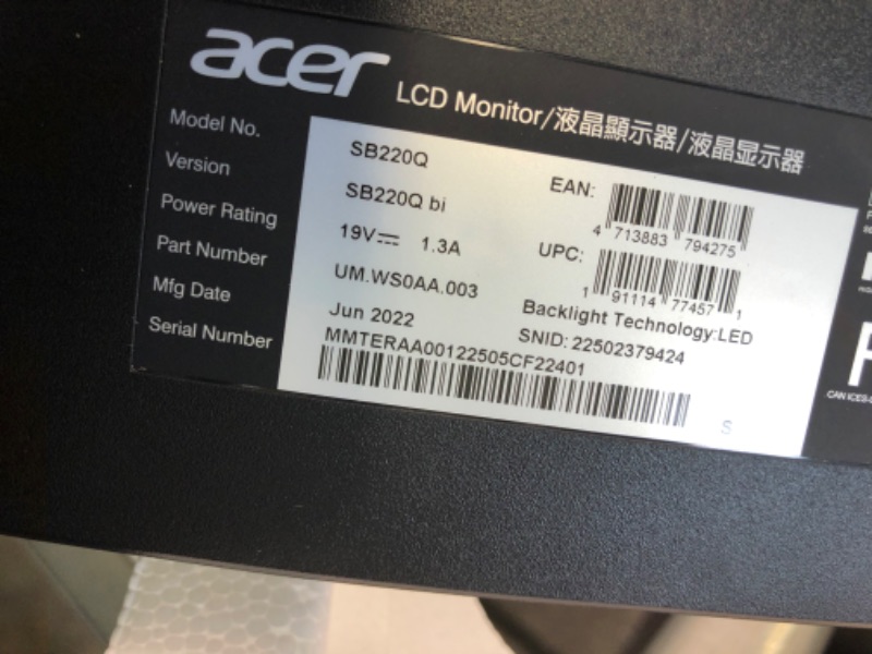 Photo 1 of Acer 21.5 Inch Full HD (1920 x 1080) IPS Ultra-Thin Zero Frame Computer Monitor (HDMI & VGA Port), SB220Q bi