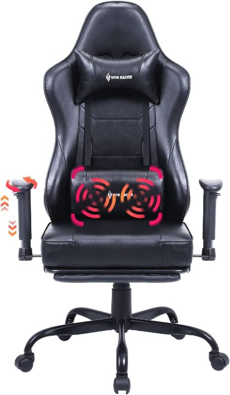 Photo 1 of VON RACER Massage Gaming Chair with Footrest - Racing Desk Office Chair with Retractable Footrest and 2D Armrests, High Back Ergonomic Leather Computer Chair(Classic Black)