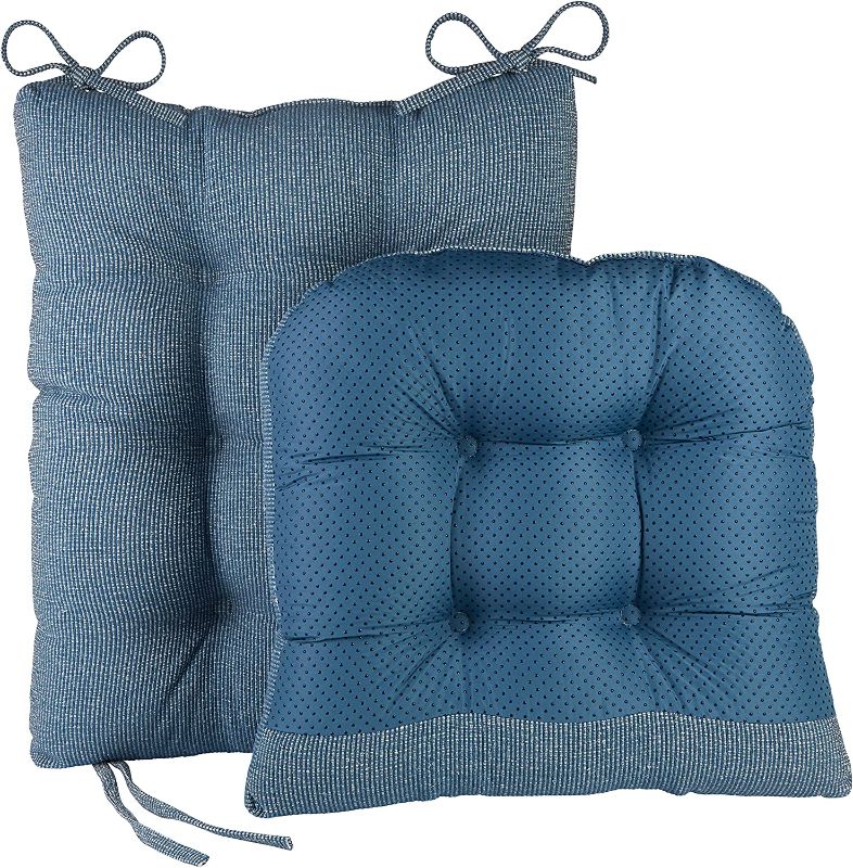 Photo 1 of  Vu Omega Non-Slip Rocking Chair Cushion Set with Thick Padding and Tufted Design, Includes Seat Pad & Back Pillow with Ties for Living Room Rocker, 17x17 Inches, 2 Piece Set, Blue
