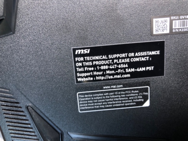 Photo 1 of MSI GV15 15.6" 144Hz Gaming Laptop: Intel Core i5-11400H GTX 1650 8GB 256GB NVMe SSD, Wi-Fi 6, USB Type-C, Nahimic 3 Audio Immersion, Win 11: Black 11SC-633