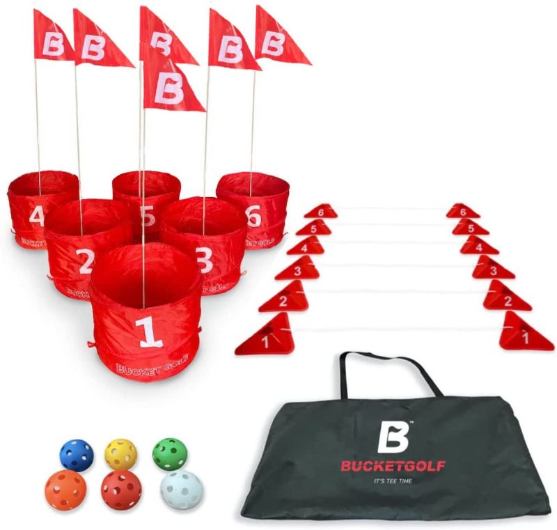 Photo 1 of Bucket Golf The Ultimate Backyard Golf Game for Kids and Adults - Portable 6 Hole Golf Course Play Outdoor, Lawn, Park, Beach, Yard, Camping.
