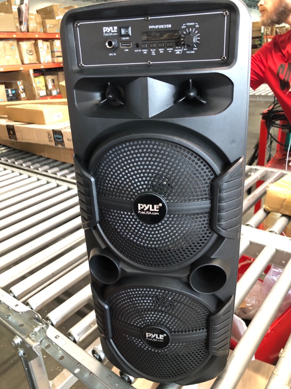 Photo 4 of Pyle Portable Bluetooth PA Speaker System - 600W Rechargeable Outdoor Bluetooth Speaker Portable PA System w/ Dual 8” Subwoofer 1” Tweeter, Microphone In, Party Lights, USB, Radio, Remote - PPHP2835B