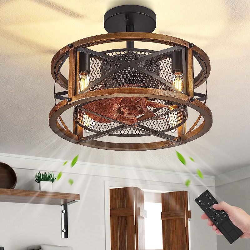 Photo 1 of Atocif Farmhouse Caged Ceiling Fan, 17in Bladeless Ceiling Fans with Lights Remote Control, Reversible Motor, 6 Speeds, 2 Hours Timing, Rustic Wood Ceiling Fan for Indoor Living Room Bedroom Vintage
