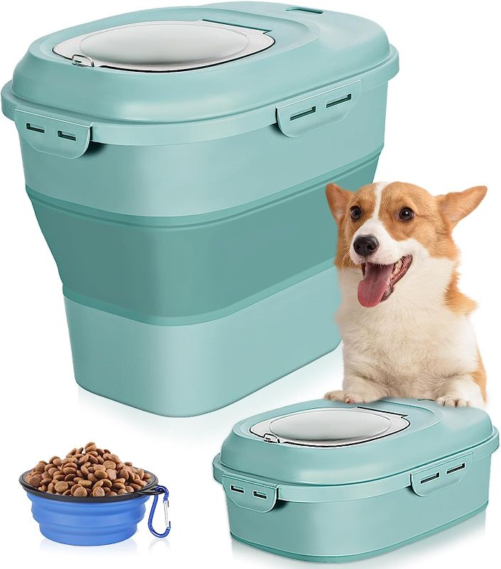 Photo 1 of Collapsible Dog Food Storage Container, 30 Lb Pet Cat Pantry Plastic Large Containers Bin with Wheels Airtight Lids Locking Bowl, 50 Lb Kitchen Cereal Flour Sugar Rice Leakproof Sealable Dry Holder
