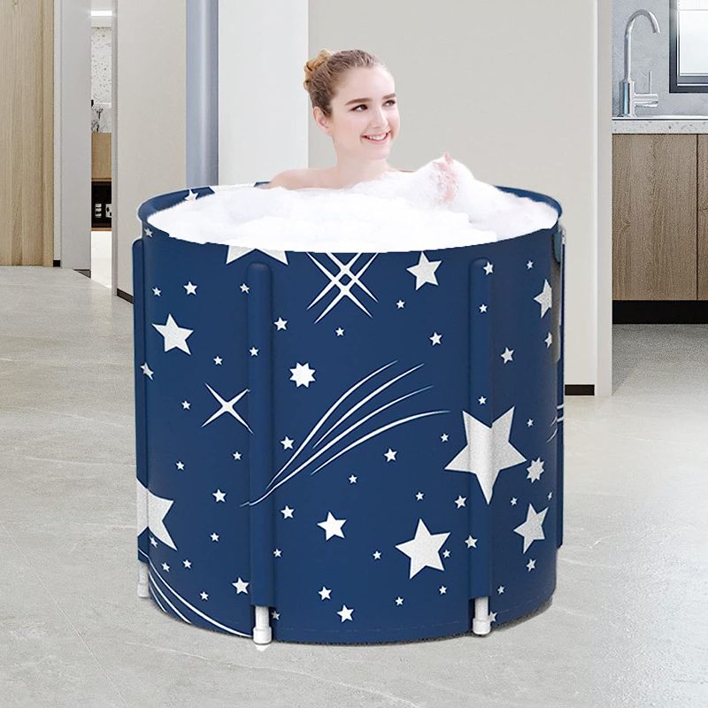 Photo 1 of  Portable Bathtub, Japanese Soaking Bath Tub for Shower Stall, Foldable Bathtub with Thermal Foam, Freestanding, Folding & Soaking Spa Bath Tub with Pillow for Small Spaces (Blue Sky)
