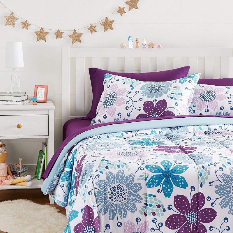 Photo 1 of Amazon Basics Kids Bed-In-A-Bag Microfiber 7 Piece Bedding Set, Easy Care, Full/Queen, Purple Flowers, Floral
