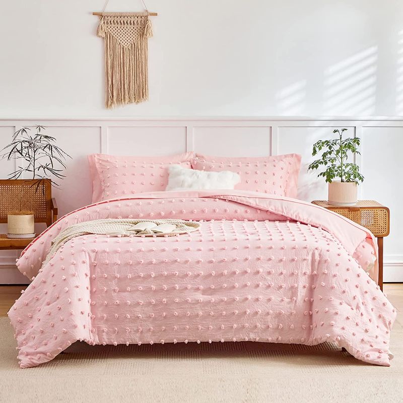 Photo 1 of 6 Pieces Tufted Dots Bed in a Bag Twin Comforter Set Girls Pink , Soft and Embroidery Shabby Chic Boho Bohemian Comforters, Luxury Solid Color with Pom Pom Design, Jacquard Tufts Bedding Set for Kids

