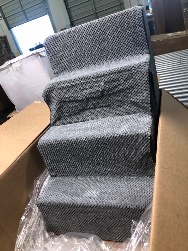 Photo 1 of Best Pet Supplies Foldable Foam Pet Steps for Small Dogs and Cats, Portable Ramp Stairs for Couch, Sofa, and High Bed Climbing, Non-Slip Balanced Indoor Step Support, Paw Safe Stairs Gray Linen 4-Step (H: 22")